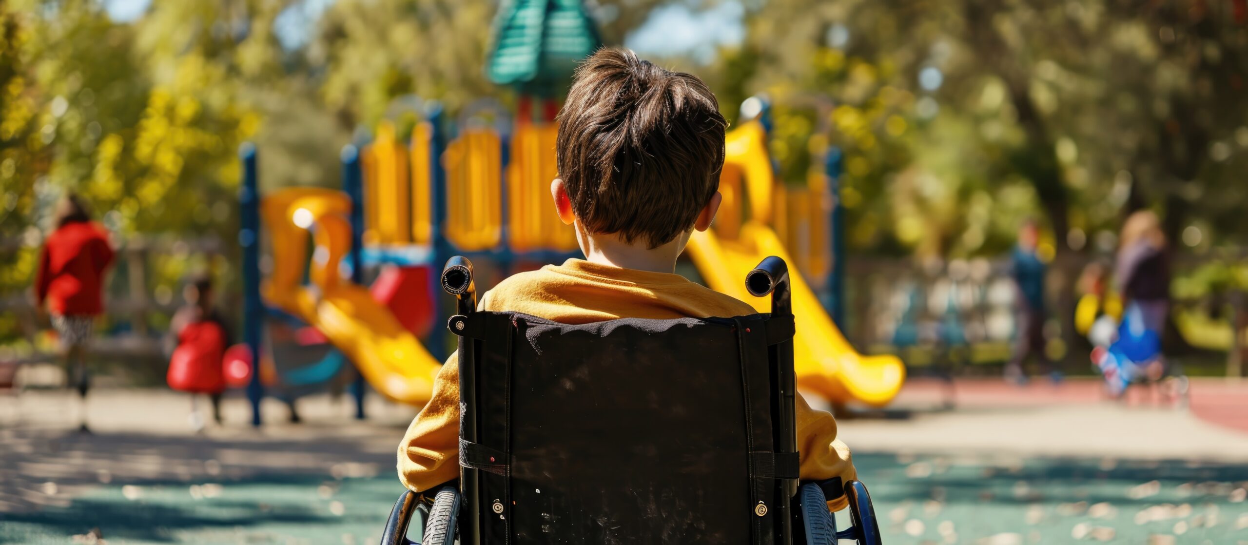 Sorrowful wheelchair-bound child observing kids play on playground.