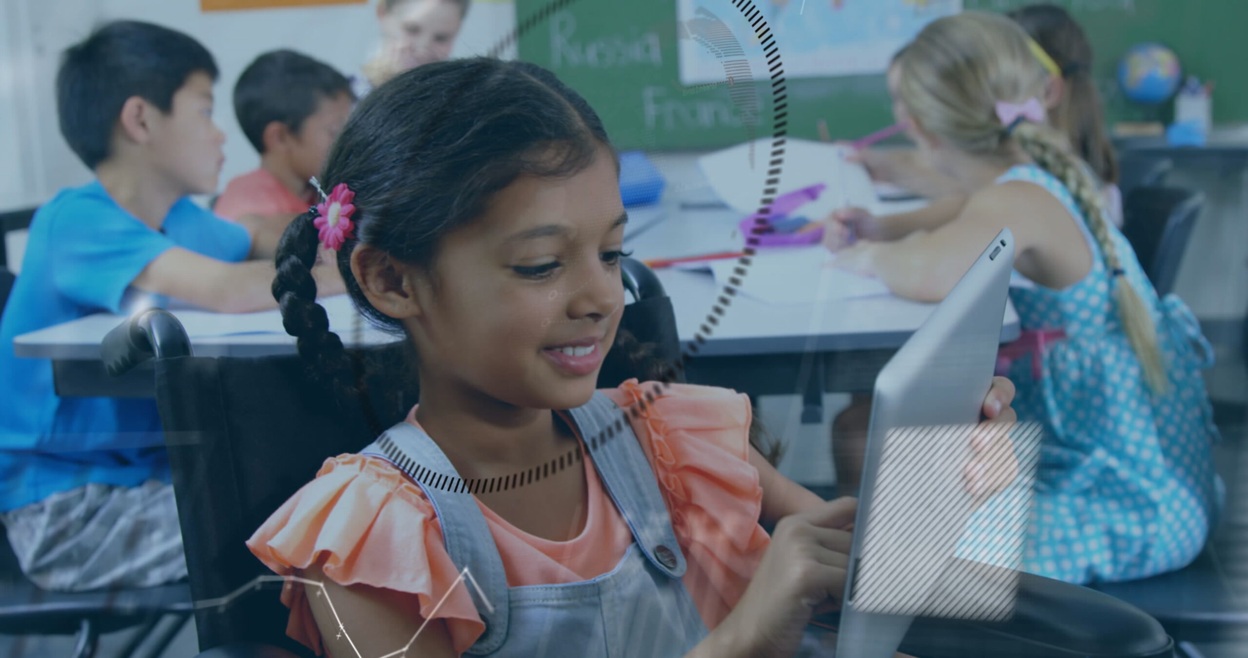 Image of data processing over disabled biracial schoolgirl sitting in wheelchair