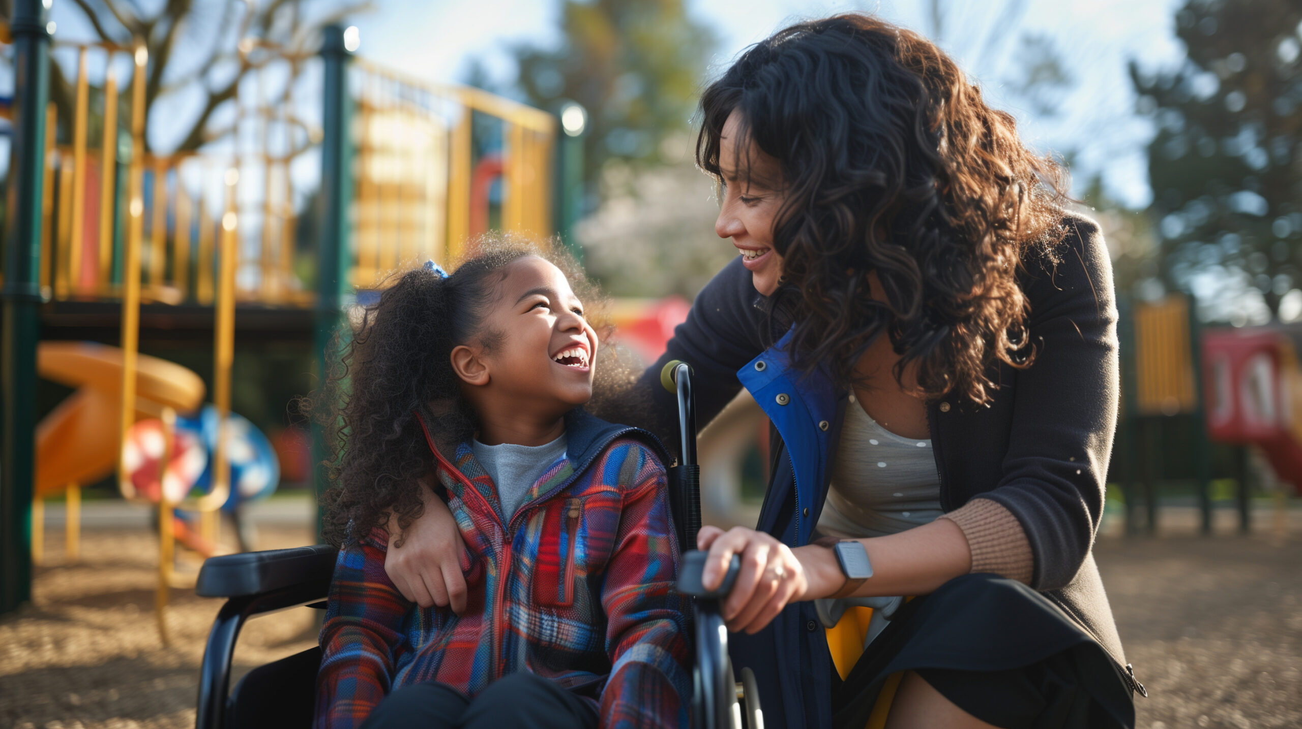 Happy disabled black girl in a wheelchair with carer. Mother caring for handicapped daughter. Inclusion & diversity